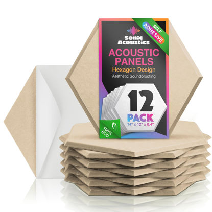Picture of Sonic Acoustics Self-Adhesive 12 Pack Hexagon Acoustic Panels, 14" X 12" X 0.4" High Density Sound Absorbing Panels Sound Proof Insulation Beveled Edge Studio Treatment Tiles