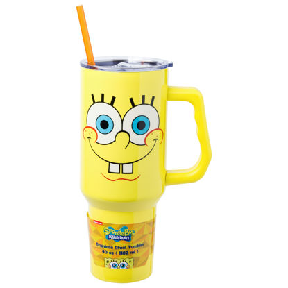 Picture of Silver Buffalo Spongebob Squarepants Smiling Face Stainless Steel Tumbler with Handle and Straw, Fits in Standard Cup Holder, 40 Ounces