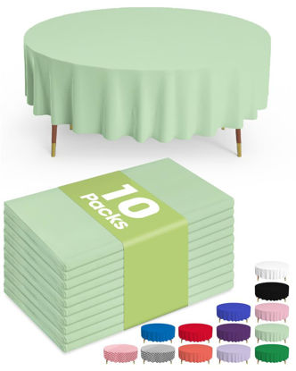 Picture of Pureegg Plastic Table Cloth Disposable - 10 Pack, Disposable Table Cloths for Parties, Weddings, Decorative Round Tablecloths, 84'' White Plastic Tablecloth, Leakproof & Sturdy, Sage Green
