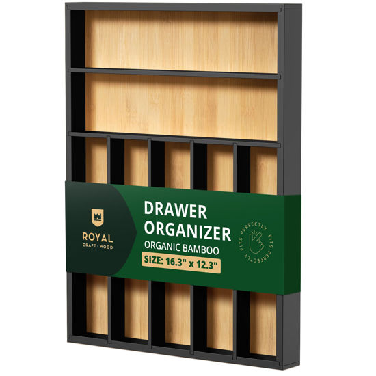 Picture of ROYAL CRAFT WOOD Luxury Bamboo Kitchen Drawer Organizer - Silverware Organizer - Utensil Holder and Cutlery Tray with Grooved Drawer Dividers for Flatware and Kitchen Utensils (7 Slot)