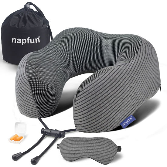 Picture of napfun Travel Pillow, 100% Pure Memory Foam Neck Pillows for Travel Airplane Headrest Flight Plane Accessories, Deep Grey, Medium (120-200LB)