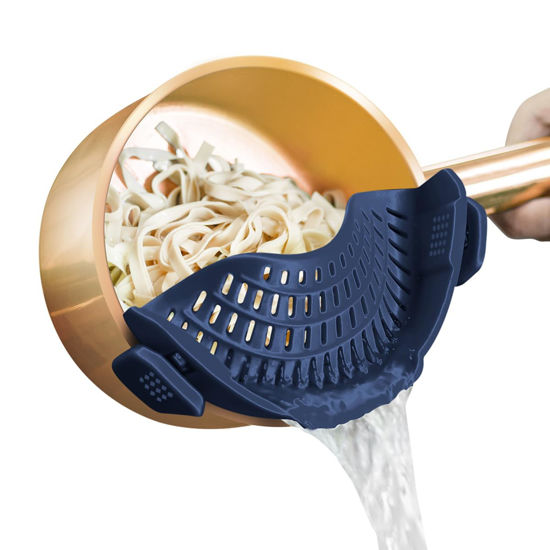 Picture of AUOON Clip On Strainer Silicone for All Pots and Pans, Pasta Strainer Clip on Food Strainer for Meat Vegetables Fruit Silicone Kitchen Colander (Navy)