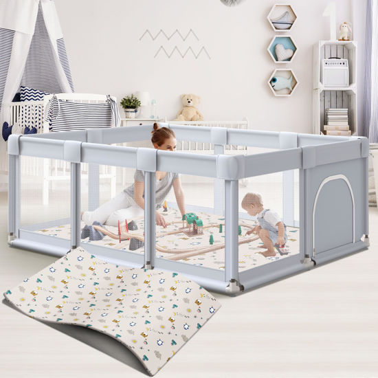 Picture of Hiaksedt Baby Playpen 74x50 in PlayPen for Babies and Toddlers, Large Play Yards for Indoor & Outdoor with Zipper Gates, Breathable Mesh with Mat
