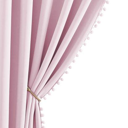 Picture of NICETOWN Pom Pom Blackout Curtains for Girls Bedroom Boho Pink Window Curtains for Nursery Rod Pocket Thermal Insulated Living Room Darkening Curtain Panels for Play Room, 52" W x 84" L, 2 Panels