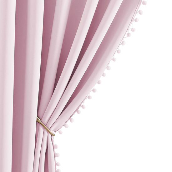 Picture of NICETOWN Pom Pom Blackout Curtains for Girls Bedroom Boho Pink Window Curtains for Nursery Rod Pocket Thermal Insulated Living Room Darkening Curtain Panels for Play Room, 52" W x 84" L, 2 Panels