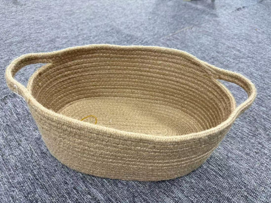 Picture of ABenkle Small Basket, 12"x 8" x 5" Cute Small Woven Basket, Rope Room Shelf Storage Basket, Cat Dog Toys Basket Chest Box, Decorative Empty Gift Basket with Handles - Jute