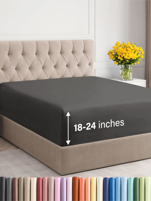 Picture of Extra Deep Queen Fitted Sheet - Hotel Luxury Single Fitted Sheet Only - Sheet Easily Fits 18 inch to 24 inch Mattress - Soft, Wrinkle Free, Breathable & Comfy Extra Deep Pockets Charcoal Fitted Sheet
