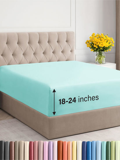 Picture of Extra Deep Queen Fitted Sheet - Hotel Luxury Single Fitted Sheet Only - Sheet Easily Fits 18 inch to 24 inch Mattress - Soft, Wrinkle Free, Breathable & Comfy Extra Deep Pockets Spa Blue Fitted Sheet