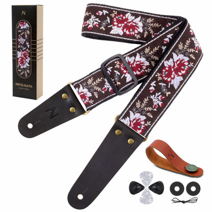 Picture of Nefelibata Guitar Strap, Cotton Guitar Straps with Head Cowhide Leather Ends for Bass, Electric & Acoustic Guitars, Free Strap Button, 1 Pair Strap Locks and 4 Guitar Picks