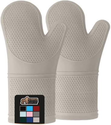 Picture of Gorilla Grip BPA-Free Soft Silicone Oven Mitts, Heat Resistant Thick Cotton Lined Cooking Mitt Set, 14.5" Extra Long Flexible Potholders Protect Hands, Kitchen Essential Waterproof Gloves, Almond