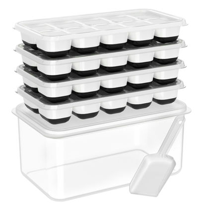 Picture of DOQAUS Ice Cube Tray with Lid and Bin, 4 Pack Silicone Plastic Ice Cubes Trays for Freezer with Box/Container, Stackable with Storage Iced Bucket Kits, Scoop, for Baby Food, Cocktail, Coffee
