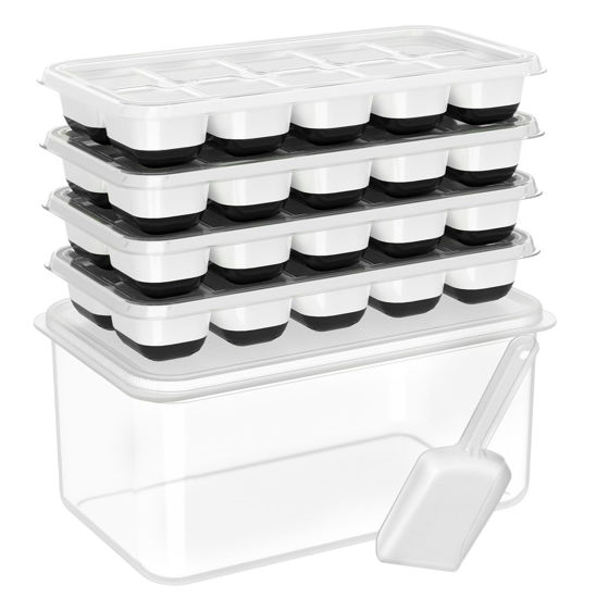 Picture of DOQAUS Ice Cube Tray with Lid and Bin, 4 Pack Silicone Plastic Ice Cubes Trays for Freezer with Box/Container, Stackable with Storage Iced Bucket Kits, Scoop, for Baby Food, Cocktail, Coffee