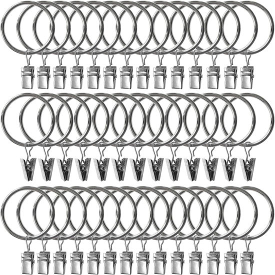 Picture of AMZSEVEN 40 Pack Metal Curtain Rings with Clips, Drapery Clips Hooks, Decorative Curtain Rod Clips 1.5 in Interior Diameter, Silver