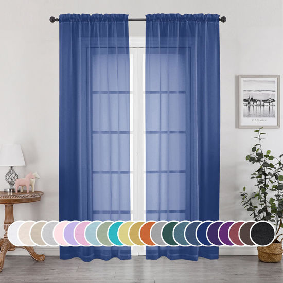Picture of OWENIE Sheer Curtains 84 Inches Long 2 Panels Set for Bedroom Living Room, Light Filtering Voile Blue Sheer Curtains, Airy Rod Pocket Farmhouse Curtains, Royal Blue, Each 42Wx84L inch