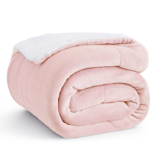 Picture of Bedsure Sherpa Fleece Throw Blanket for Couch - Thick and Warm, Soft Fuzzy Plush Throw Blanket for Winter, Pink, 50x60 Inches