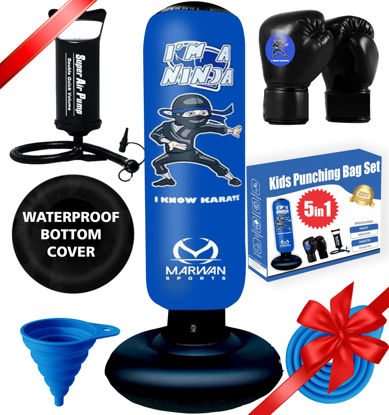 Picture of 2024 Upgraded 5-in-1 Kids Punching Bag Set - Inflatable Boxing Bag Toy with Instant Bounce Back, Gloves, Air Pump, Protective Base Cover & Funnel, Gift for Boys Age 3-12 (5 in 1 Blue)