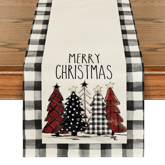 Picture of Artoid Mode Waterclor Buffalo Plaid Christmas Trees Merry Xmas Table Runner, Seasonal Winter Holiday Kitchen Dining Table Decoration for Indoor Outdoor Home Party Decor 13 x 60 Inch