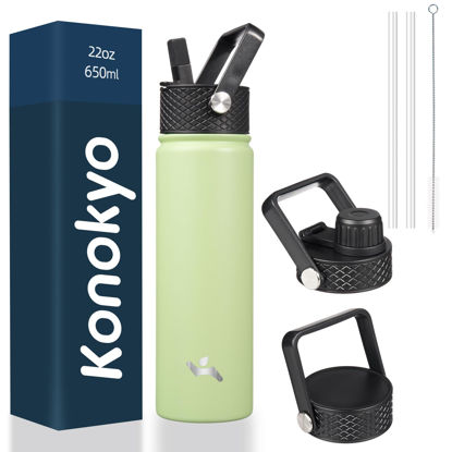 Picture of Konokyo 22oz Stainless Steel Bottles with 3 Lids Sport Insulated Water Bottle,Macaron Green