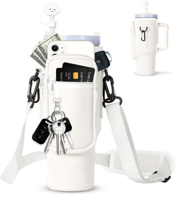Picture of dabria Water Bottle Carrier Bag with Phone Pocket for Stanley 40/30 oz Tumbler Neoprene Water Bottle Holder Pouch with Adjustable Strap Bollus with Straw Cover & Carabiner for Stanley Cup Accessories