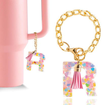 Picture of Letter Charm Accessories for Stanley Cup 1 PCS Cute Initial Keychain Handle Charm for Stanley Tumbler for Women Pink Letter R