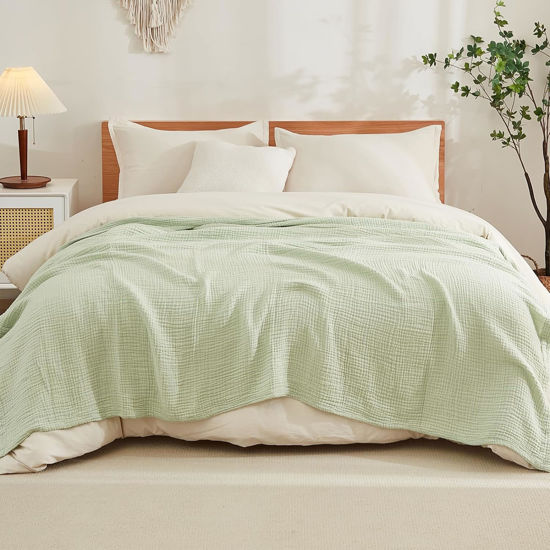 Picture of EMME Cotton Throw Blanket for Couch Soft Muslin Blankets 50"x60" Lightweight Breathable Blanket All Season Gauze Blanket, Mint Green