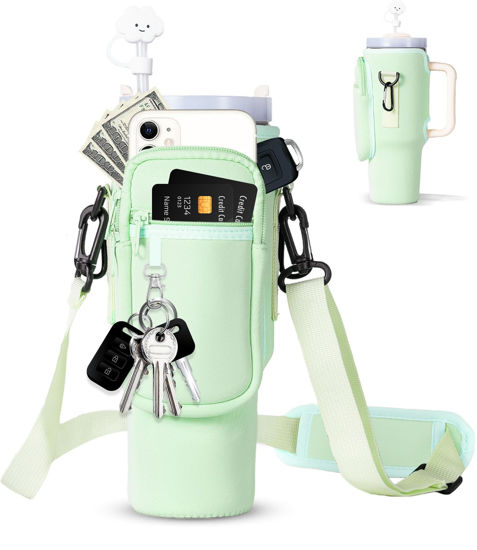 Picture of dabria Water Bottle Carrier Bag with Phone Pocket for Stanley 40/30 oz Tumbler Neoprene Water Bottle Holder Pouch with Adjustable Strap Bollus with Straw Cover & Carabiner for Stanley Cup Accessories