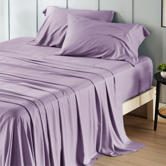 Picture of Bedsure Queen Sheet Set, Cooling Sheets for Queen Size Bed Set, Rayon Derived from Bamboo, Breathable & Soft Deep Pocket Up to 16 Inches, Hotel Luxury Silky Bedding, Bedsheet & Pillowcases, Lilac