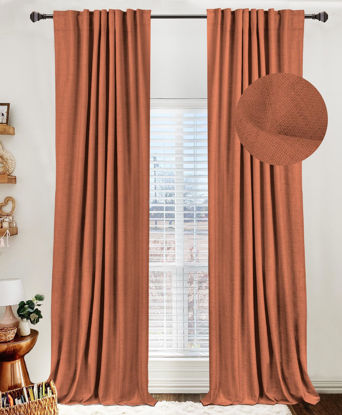 Picture of 100% Blackout Shield Linen Blackout Curtains for Bedroom 84 Inches Long, Back Tab/Rod Pocket Living Room Drapes, Thermal Insulated Blackout Curtains 2 Panels Set, 50" W x 84" L, Burnt Orange