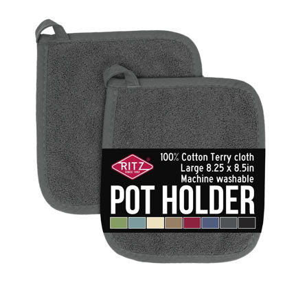 Picture of Ritz Terry 100% Cotton Potholders - Heat Resistant, Ergonomic Grip, Machine Washable - Graphite, 2-Pack