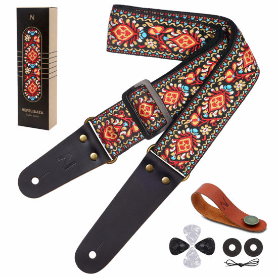 Picture of Nefelibata Guitar Strap, Embroidered Cotton Guitar Straps with Head Cowhide Leather Ends for Bass, Electric & Acoustic Guitars, with Free Strap Button, 1 Pair Strap Locks and 4 Guitar Picks (Saffron)