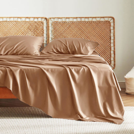 Picture of Bedsure King Size Sheet Sets, Cooling Sheets for Hot Sleepers, Rayon Derived from Bamboo, Breathable & Soft Deep Pocket Up to 16 Inches, Hotel Luxury Silky Bedding, Bedsheet & Pillowcases, Taupe