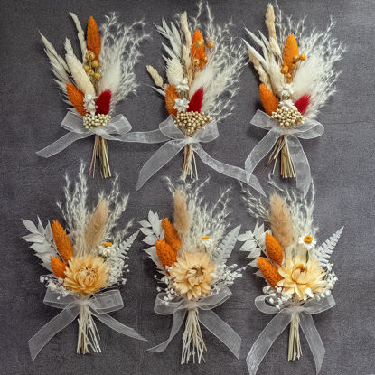 Picture of Mini Dried Flower Bouquet Set (Pack of 6), Orange Small Bouquet, Pampas Small Bouquet, Party Plate Decoration, Bridesmaid Flower Girl Proposal Box, Birthday Cake Decoration. (Terracotta)