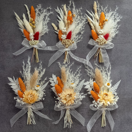 Picture of Mini Dried Flower Bouquet Set (Pack of 6), Orange Small Bouquet, Pampas Small Bouquet, Party Plate Decoration, Bridesmaid Flower Girl Proposal Box, Birthday Cake Decoration. (Terracotta)