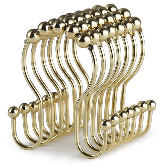 Picture of Goowin Shower Curtain Hooks, 12 Pcs Shower Curtain Rings, Stainless Steel Gold Shower Curtain Hooks Rings Rust Proof, Smooth Sliding Anti-Drop Double Shower Hooks for Shower Curtain, Rods (Gold)