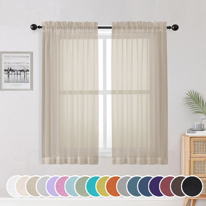 Picture of OWENIE Taupe Sheer Curtains 54 Inch Length 2 Panels Set, Rod Pocket Fimly Voile Short Curtains for Living Room, Taupe Solid Window Curtain Panels for Bedroom, Each 42Wx54L inch