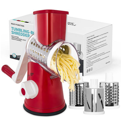 Picture of X Home Rotary Cheese Grater for Kitchen, Shredder with 3 Interchangeable Blades, Rotary Grater with Handle and Strong Suction Base, for Vegetables, Fruit, Nuts, Easy to Use and Clean, Red