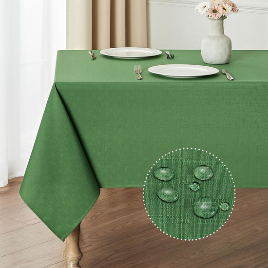 Picture of Veblandy Rectangle Tablecloth Waterproof 52x70 inch Linen Textured Table Cloth Stain and Wrinkle Resistant Washable, Decorative Fabric Table Cover for Dining, Party and Camping, Green