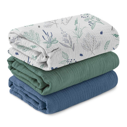 Picture of Muslin Swaddle Blankets for Newborn, 3 Pack Breathable Soft Receiving Blanket, Large 38 x 40 inches Swaddle Wrap Burping Clothes Diapers, Essentials Infant Shower Items, Toddler Gift (Fawn & Leaves)