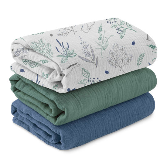 Picture of Muslin Swaddle Blankets for Newborn, 3 Pack Breathable Soft Receiving Blanket, Large 38 x 40 inches Swaddle Wrap Burping Clothes Diapers, Essentials Infant Shower Items, Toddler Gift (Fawn & Leaves)