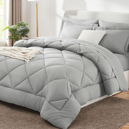 Picture of CozyLux Queen Bed in a Bag 7-Pieces Comforter Set with Sheets Light Grey All Season Bedding Sets with Comforter, Pillow Shams, Flat Sheet, Fitted Sheet and Pillowcases