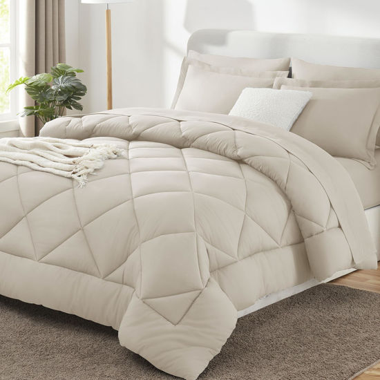Picture of CozyLux Twin Bed in a Bag Comforter Sets with Comforter and Sheets 5 Pieces for Girls and Boys Beige All Season Bedding Sets with Comforter, Pillow Sham, Flat Sheet, Fitted Sheet and Pillowcase