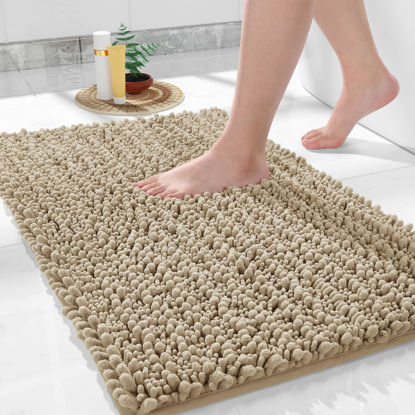 Picture of Yimobra Bath Rug Mat, 32 x 20, Soft Shaggy Non-Slip Chenille Bathroom Rugs, Large Size, Super Absorbent and Thick, Machine Washable Bathroom mat, Tub and Shower, Home Decor Accessories, Pale Khaki