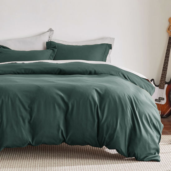 Picture of Bedsure Duvet Cover Queen Size - Soft Double Brushed Bedding Set for Kids & Adults, Zipper Closure, 3 Pieces, Includes 1 Duvet Cover (90"x90") & 2 Pillow Shams, NO Comforter, Forest Green