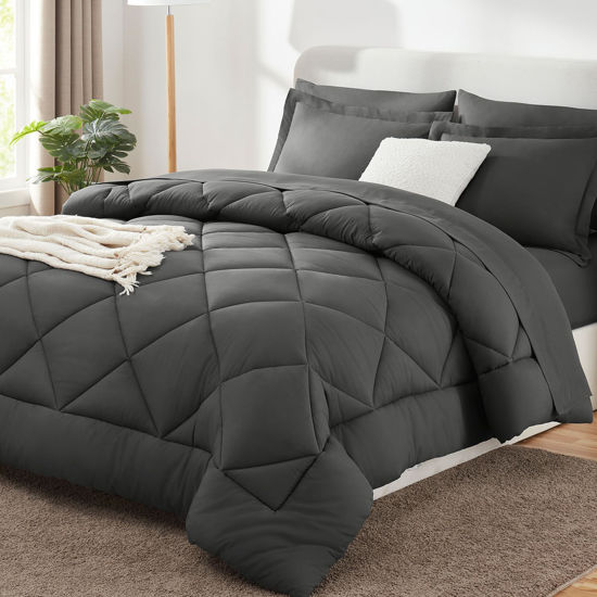 Picture of CozyLux California King Comforter Set with Sheets Dark Grey 7 Pieces Cal King Bed in a Bag All Season Bedding Sets with Comforter, Pillow Shams, Flat Sheet, Fitted Sheet and Pillowcases