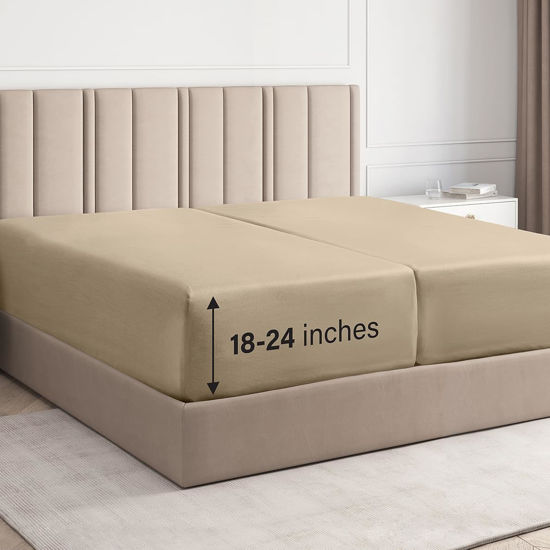 Picture of Extra Deep Split King Fitted Sheet - Hotel Luxury Single Fitted Sheet Only - Easily Fits 18 inch to 24 inch Mattress - Soft, Wrinkle Free, Breathable and Comfy - Extra Deep Pockets Cream Fitted Sheet