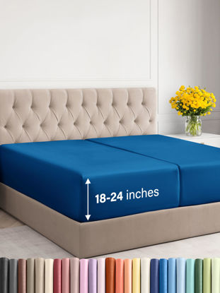 Picture of CGK Unlimited Extra Deep Split King Fitted Sheet - Hotel Luxury Single Fitted Sheet - Easily Fits 18 inch to 24 inch Mattress - Soft, Wrinkle Free & Breathable Royal Blue Fitted Sheet