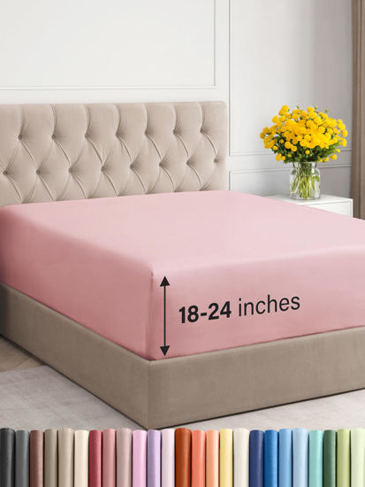 Picture of Extra Deep Twin Fitted Sheet - Hotel Luxury Single Fitted Sheet Only - Sheet Easily Fits 18 inch to 24 inch Mattress - Soft, Wrinkle Free, Breathable & Comfy Extra Deep Pockets Baby Pink Fitted Sheet