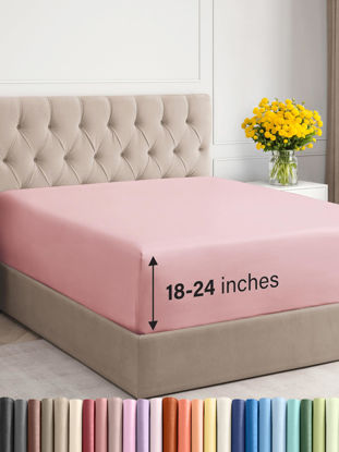 Picture of Extra Deep King Fitted Sheet - Hotel Luxury Single Fitted Sheet Only - Sheet Easily Fits 18 inch to 24 inch Mattress - Soft, Wrinkle Free, Breathable & Comfy Extra Deep Pockets Baby Pink Fitted Sheet