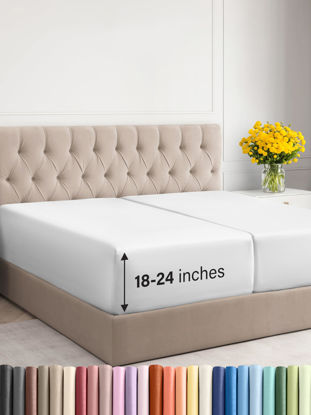 Picture of Extra Deep Split King Fitted Sheet - Hotel Luxury Single Fitted Sheet Only - Easily Fits 18 inch to 24 inch Mattress - Soft, Wrinkle Free, Breathable and Comfy - Extra Deep Pockets White Fitted Sheet