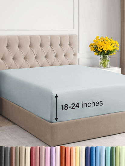 Picture of Extra Deep Full Fitted Sheet - Hotel Luxury Single Fitted Sheet Only - Sheet Easily Fits 18 inch to 24 inch Mattress - Soft, Wrinkle Free, Breathable And Comfy Extra Deep Pockets Ice Blue Fitted Sheet